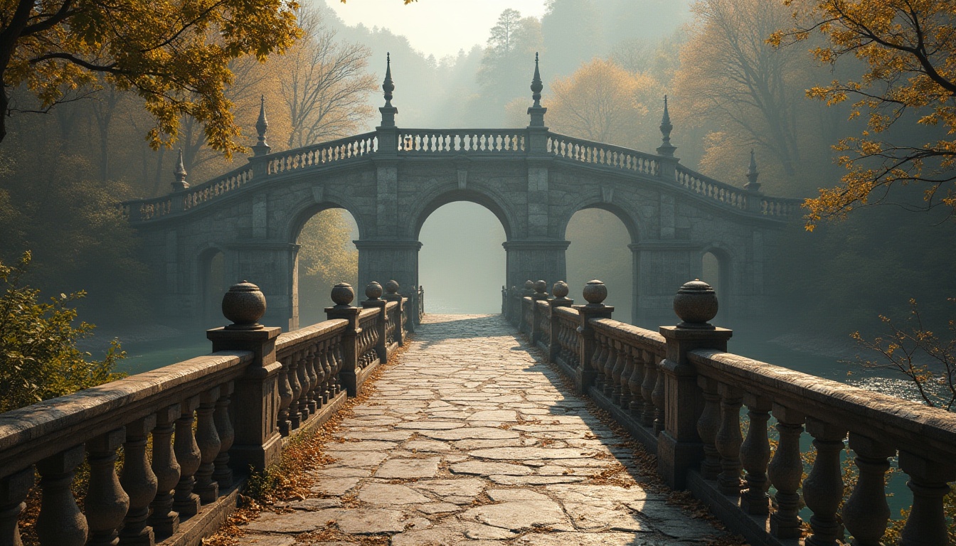 Prompt: Rustic stone bridges, ornate metal railings, grand archways, symmetrical compositions, classical columns, carved stonework, weathered wood accents, majestic river views, serene natural surroundings, misty morning atmosphere, soft warm lighting, shallow depth of field, 3/4 composition, realistic textures, ambient occlusion.