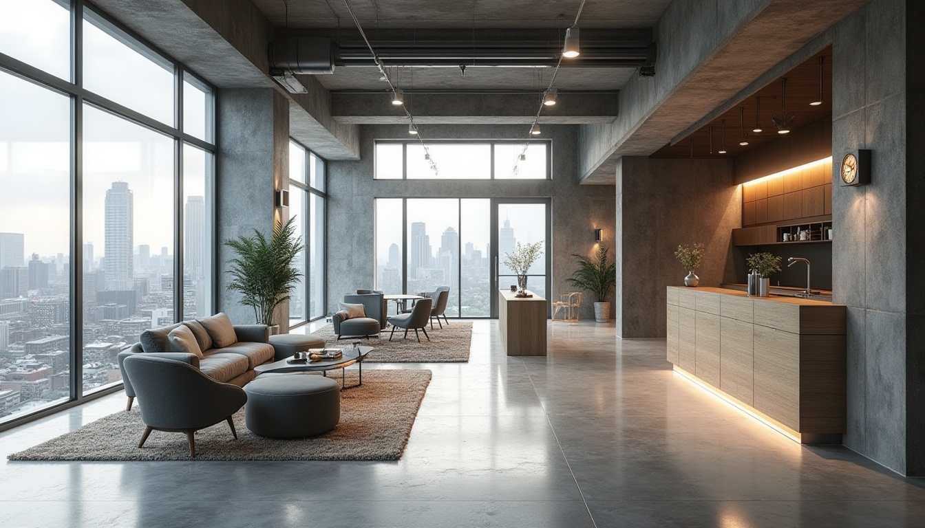 Prompt: Monochromatic color scheme, industrial materials, exposed concrete walls, steel beams, wooden accents, minimalist decor, functional furniture, geometric shapes, clean lines, rectangular forms, abundant natural light, large windows, sliding glass doors, urban cityscape, cloudy day, soft diffused lighting, shallow depth of field, 2/3 composition, symmetrical balance, realistic textures, subtle ambient occlusion.