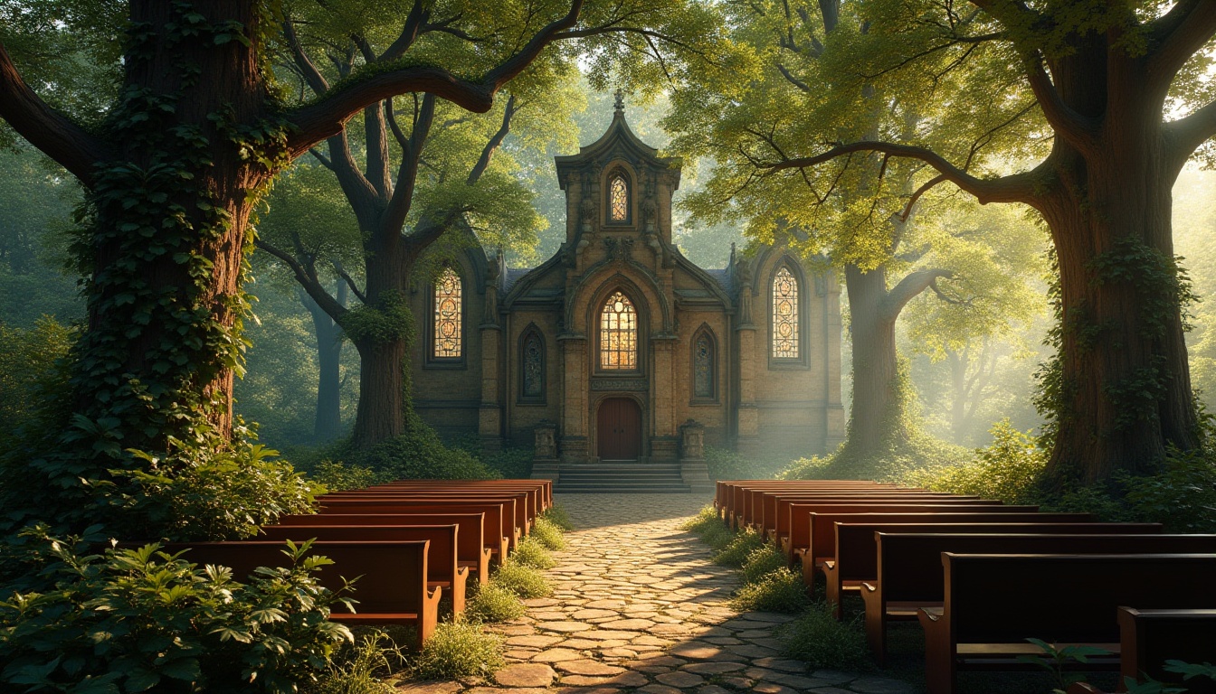 Prompt: Rustic stone church, ivy-covered walls, stained glass windows, wooden pews, vaulted ceilings, natural surroundings, lush greenery, towering trees, winding paths, serene atmosphere, warm sunlight filtering through foliage, subtle misting effect, 1/1 composition, shallow depth of field, soft warm lighting, realistic textures, ambient occlusion.