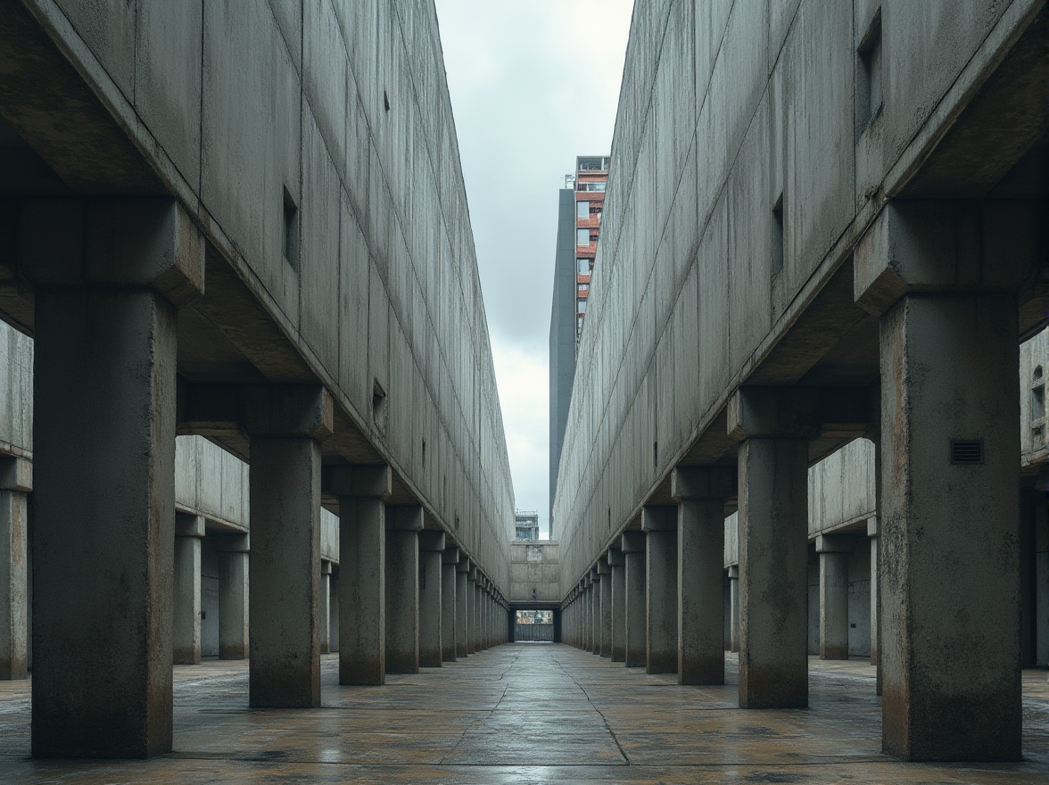 Prompt: Monumental brutalist architecture, raw concrete textures, exposed ductwork, industrial materials, steel beams, wooden accents, minimal ornamentation, functional simplicity, urban cityscape, cloudy overcast sky, dramatic chiaroscuro lighting, high contrast ratio, 1/1 composition, symmetrical framing, realistic atmospheric effects.