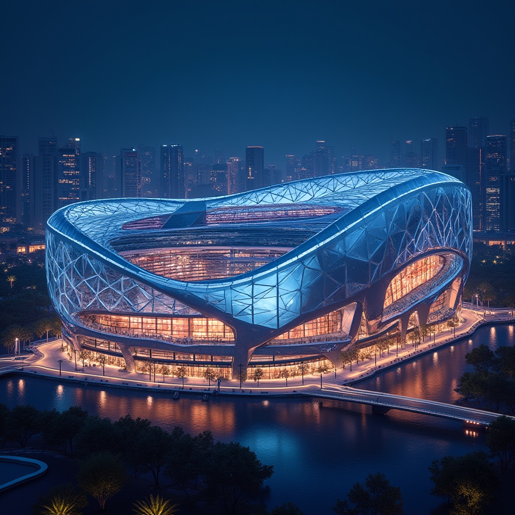 Prompt: Sleek stadium facade, geometric patterns, angular lines, modern architectural design, dynamic LED lighting, futuristic aesthetics, curved glass surfaces, metallic accents, cantilevered structures, grand entranceways, open-air concourses, vibrant color schemes, high-tech materials, sustainable building solutions, eco-friendly cladding, urban cityscape background, dramatic nighttime illumination, shallow depth of field, 2/3 composition, cinematic atmosphere, realistic reflections.