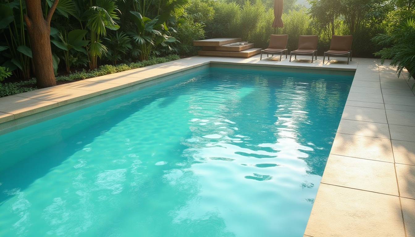 Prompt: Vibrant turquoise pool water, sleek modern pool deck, warm beige concrete, lush greenery surroundings, sunny day, soft natural lighting, gentle ripples on water surface, 3/4 composition, realistic pool textures, ambient occlusion, calming atmosphere, refreshing outdoor space.