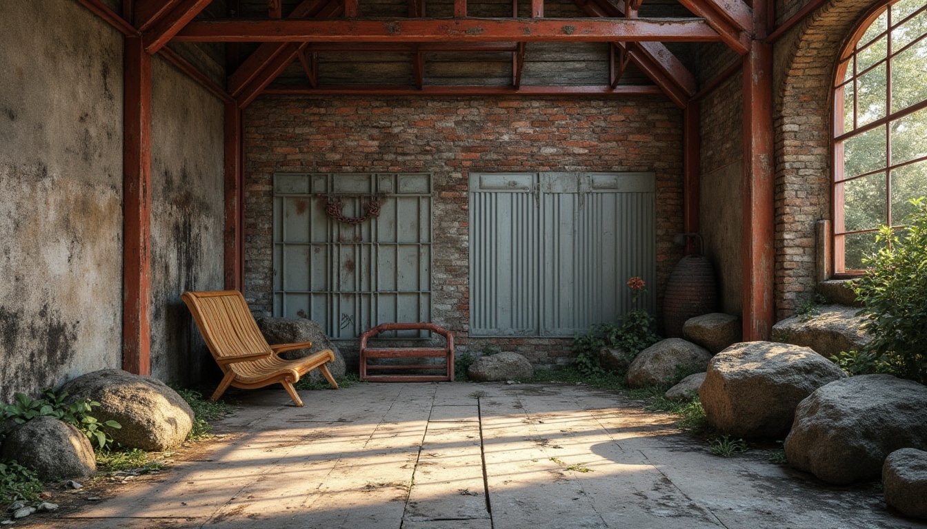 Prompt: Rustic wooden planks, distressed metal sheets, weathered stone walls, rough-hewn boulders, moss-covered rocks, intricate brick patterns, worn concrete floors, faded graffiti, peeling paint textures, vintage industrial equipment, reclaimed wood accents, earthy color palette, warm natural lighting, high-contrast shading, detailed normal mapping, ambient occlusion.