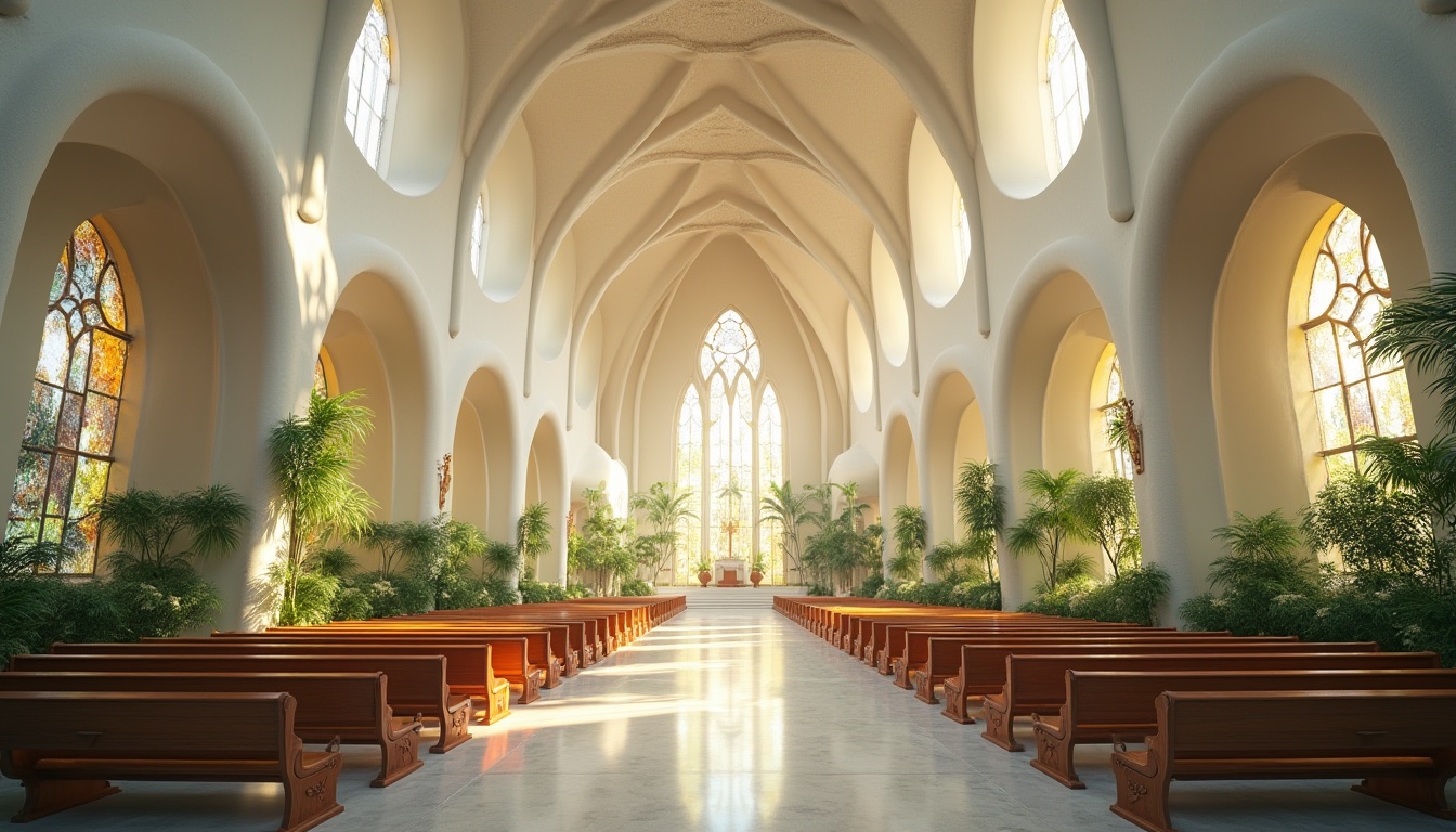 Prompt: Undulating church fa\u00e7ade, flowing curves, soft rounded edges, creamy white stone, iridescent stained glass windows, vibrant botanical patterns, lush greenery, natural light pouring in, warm ambient glow, shallow depth of field, 1/1 composition, intimate spiritual atmosphere, ornate wooden pews, polished marble floors, intricately carved pulpits, organic sculptural elements, futuristic blobitecture inspirations, curvaceous lines, dynamic shapes, ethereal ambiance, soft misty lighting.