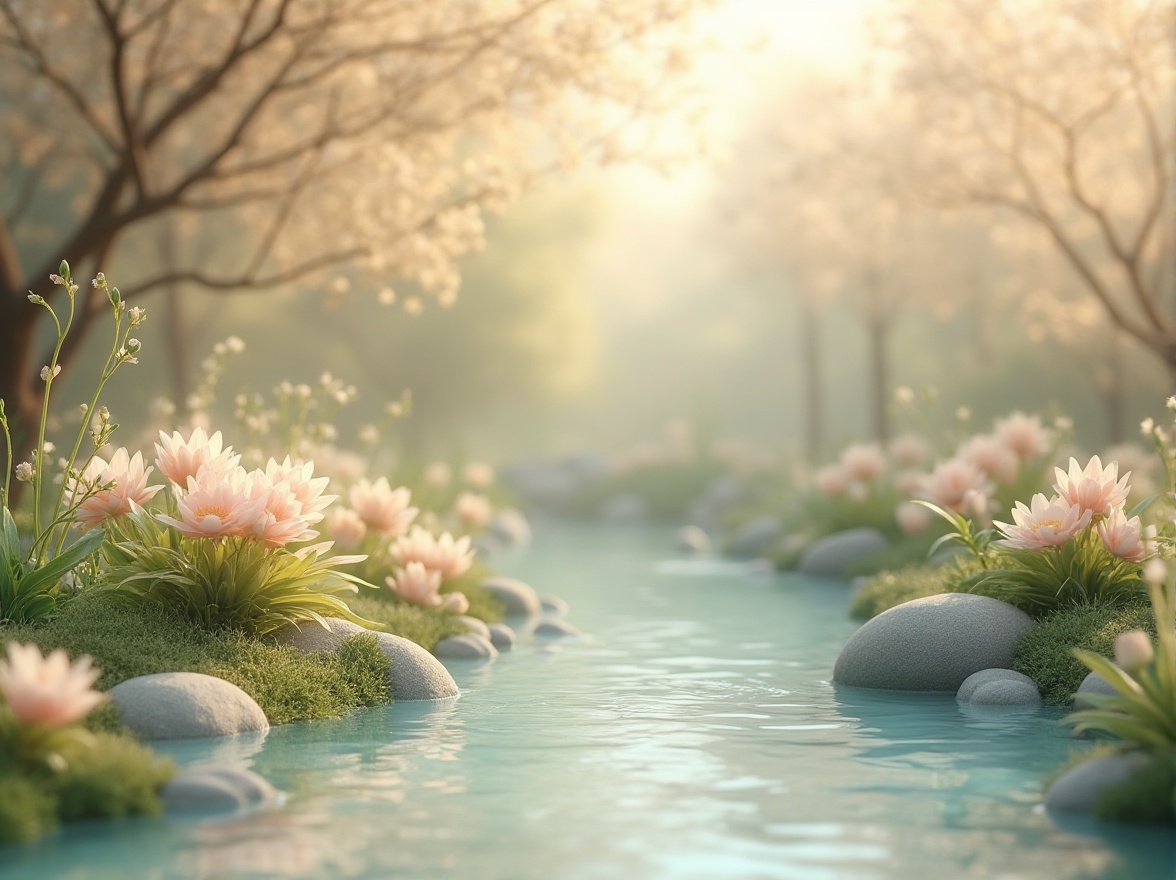 Prompt: Soft pastel hues, calming atmosphere, serene natural surroundings, gentle water features, lush greenery, blooming flowers, warm beige tones, creamy whites, pale blues, mauve accents, subtle texture overlays, organic shapes, effortless composition, shallow depth of field, soft focus effect, warm golden lighting, relaxed mood.