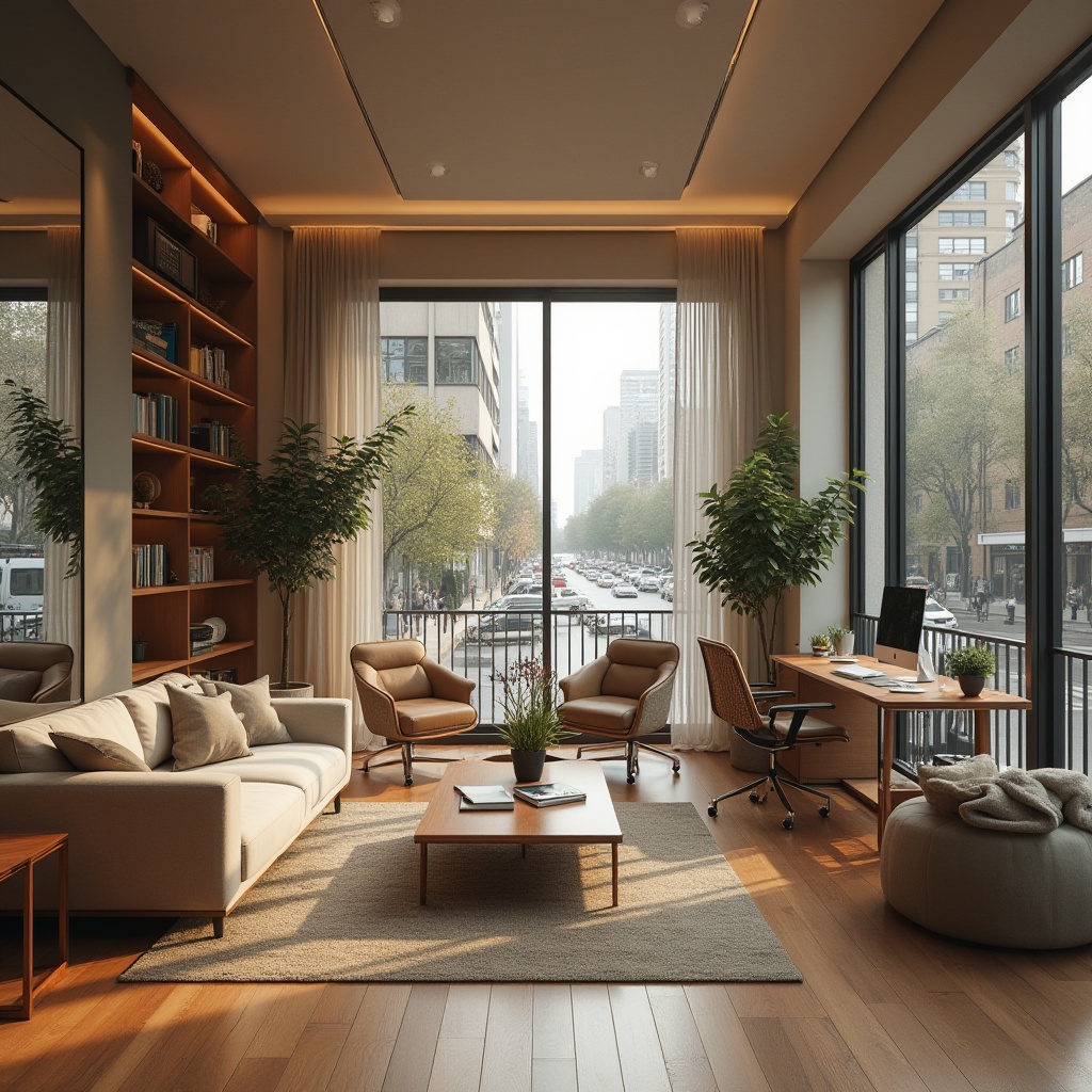 Prompt: Cozy living room, plush sofas, warm wooden flooring, modern minimalist decor, functional storage solutions, ergonomic office chairs, sleek computer desks, comfortable reading nooks, soft warm lighting, natural textiles, calming color palette, spacious open-plan layout, high ceilings, large windows, urban city views, busy street scenes, realistic reflections, 1/1 composition, shallow depth of field.