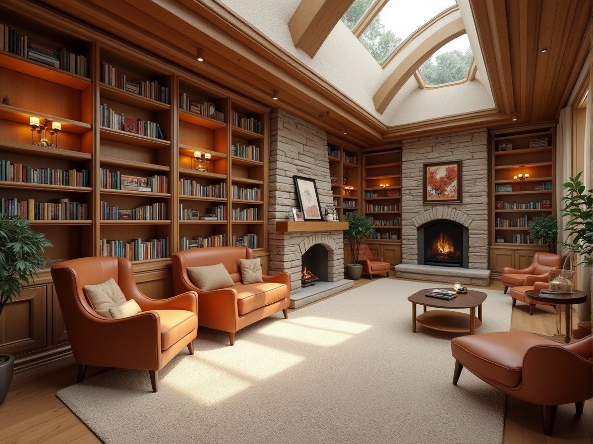 Prompt: Cozy reading nooks, warm wooden shelves, rich leather armchairs, soft cream carpets, calming beige walls, vibrant book spines, rustic stone fireplaces, natural light filtering through skylights, modern minimalist chandeliers, elegant curved staircases, serene atmosphere, muted earth tones, subtle texture contrasts, realistic wood grain patterns, softbox lighting, 2/3 composition, intimate close-ups.