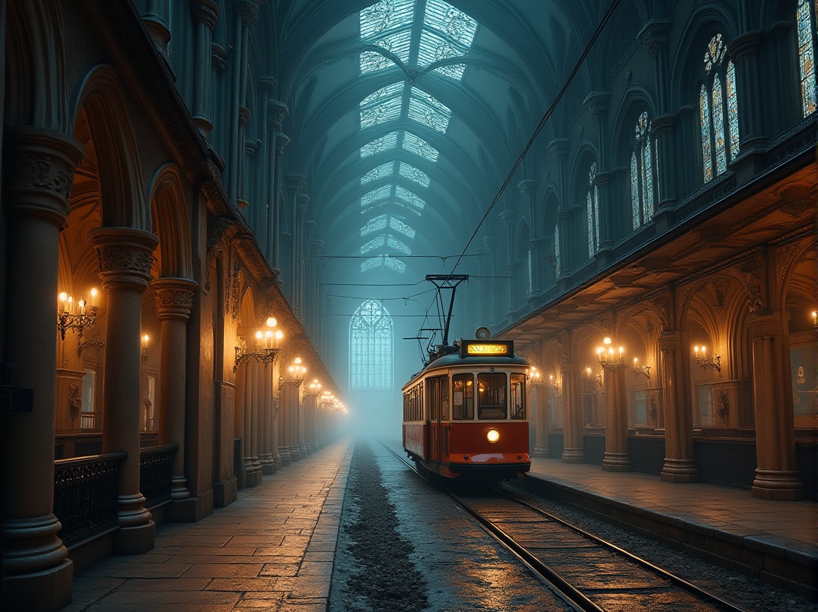 Prompt: Intricate tram station, captivating Gothic architecture, pointed arches, ribbed vaults, flying buttresses, ornate stone carvings, grandiose entrance halls, high ceilings, large stained glass windows, intricate metalwork, ornamental iron fixtures, mystical ambiance, dramatic lighting, foggy atmosphere, misty morning, detailed textures, realistic reflections, 1/2 composition, low-angle shot, cinematic mood.