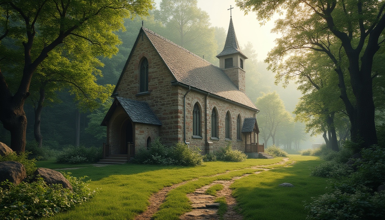 Prompt: Rustic stone church, verdant surroundings, lush greenery, towering trees, serene natural ambiance, harmonious architecture, earthy tones, subtle lighting, stained glass windows, intricate stone carvings, peaceful atmosphere, misty morning, soft warm light, shallow depth of field, 1/2 composition, realistic textures, ambient occlusion.