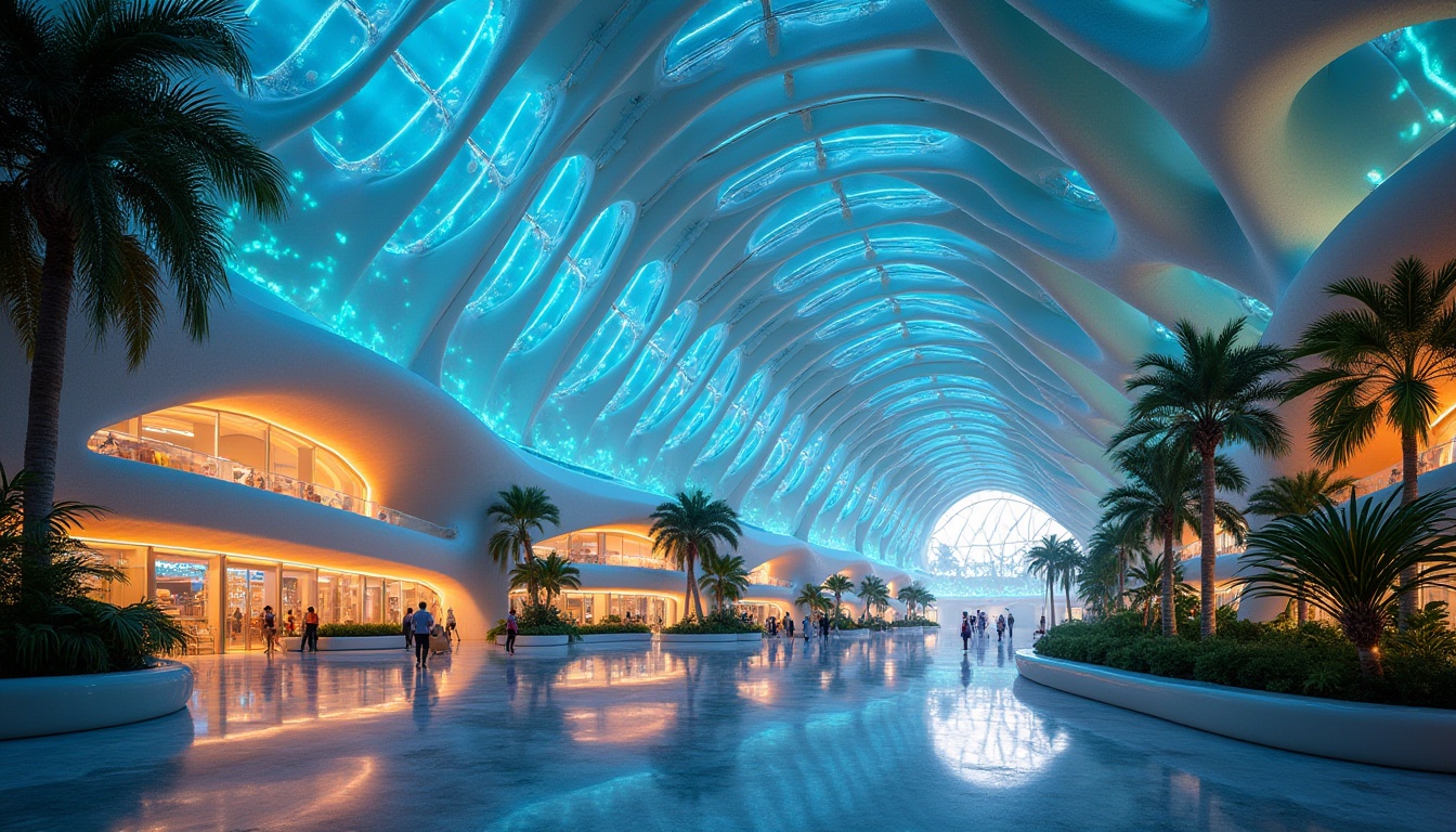 Prompt: Bioluminescent airport terminal, undulating curves, fluidic shapes, iridescent materials, shimmering lights, aerodynamic profiles, futuristic architecture, curved glass fa\u00e7ades, organic patterns, natural ventilation systems, sustainable building materials, lush green walls, tropical plants, warm ambient lighting, shallow depth of field, 1/1 composition, panoramic view, realistic reflections, ambient occlusion.