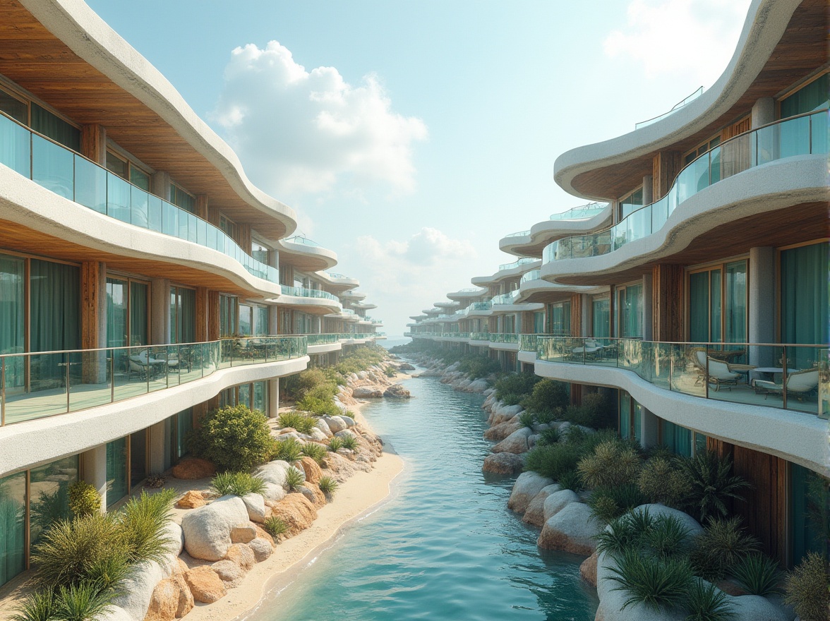 Prompt: Wavy coastal lines, ocean-inspired architecture, undulating balconies, turquoise glass railings, weathered wooden accents, coral-patterned facades, sea-salt infused concrete textures, driftwood-clad buildings, cantilevered structures, asymmetrical compositions, ocean-breeze ventilation systems, wave-shaped roofs, beachy color palettes, sandy dune-inspired landscaping, seaside promenade views, soft misty lighting, shallow depth of field, 1/1 composition, realistic water simulations, ambient occlusion.