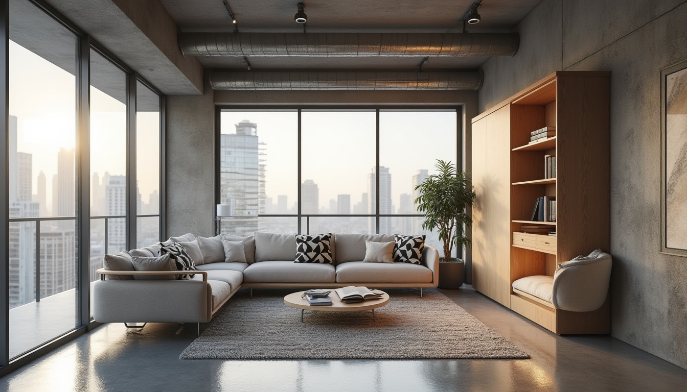 Prompt: Modern minimalist living room, sleek low-profile furniture, neutral color palette, textured rugs, floor-to-ceiling windows, natural light pouring in, urban cityscape views, industrial-chic exposed ductwork, polished concrete floors, geometric-patterned throw pillows, ambient warm lighting, cozy reading nook, functional storage solutions, multi-functional modular furniture, 1/1 composition, realistic reflections, soft focus blur.