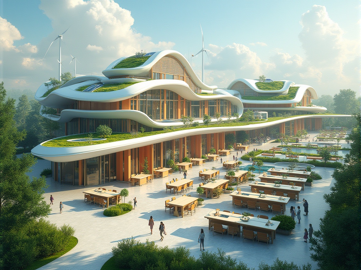 Prompt: Eco-friendly school complex, futuristic architecture, curved lines, minimalist design, green roofs, solar panels, wind turbines, water conservation systems, recycled materials, natural ventilation systems, shaded outdoor spaces, misting systems, vibrant colorful accents, interactive educational displays, collaborative learning areas, flexible modular classrooms, comfortable ergonomic furniture, soft warm lighting, shallow depth of field, 3/4 composition, panoramic view, realistic textures, ambient occlusion.