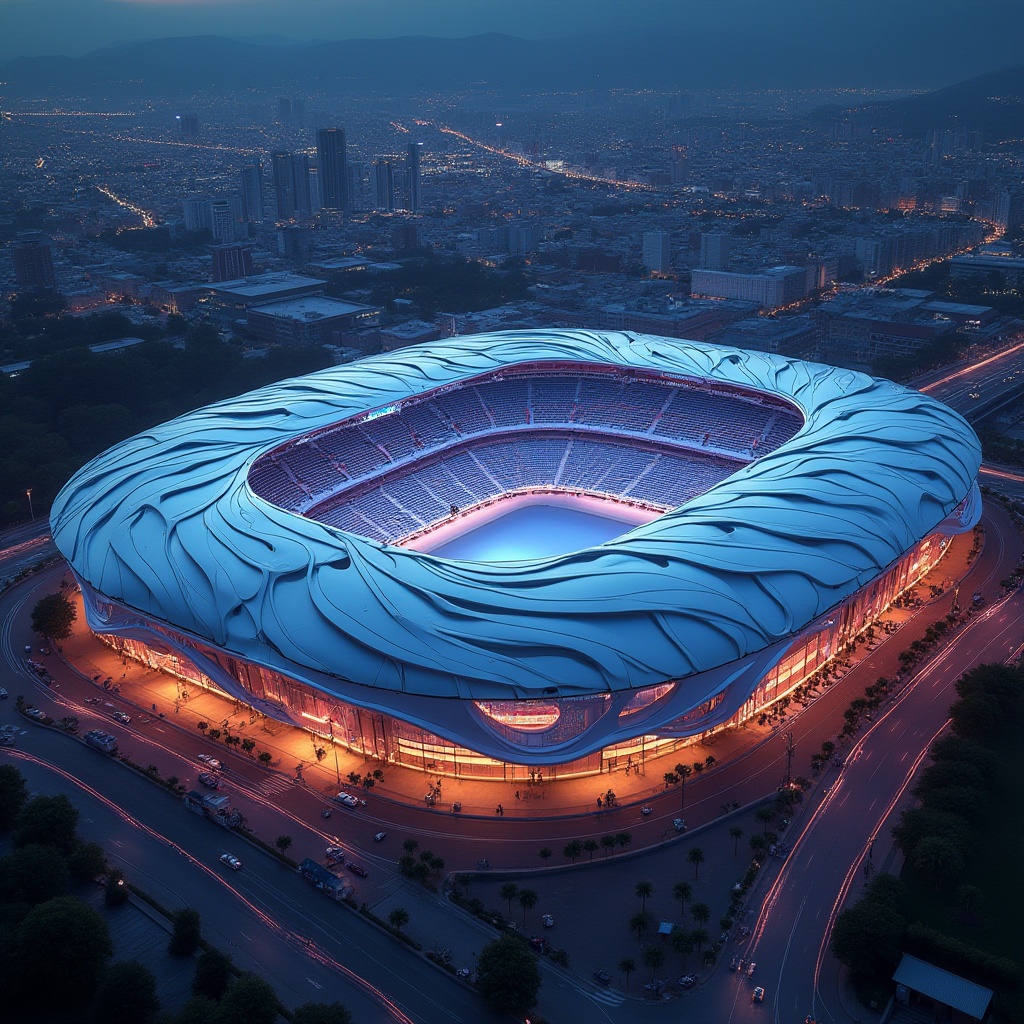 Prompt: Sleek stadium facade, dynamic curves, futuristic lines, metallic materials, LED lighting systems, transparent glass walls, cantilevered roofs, asymmetrical shapes, bold color schemes, abstract patterns, urban landscape, city skyline, vibrant nightlife, 3/4 composition, shallow depth of field, panoramic view, realistic textures, ambient occlusion.