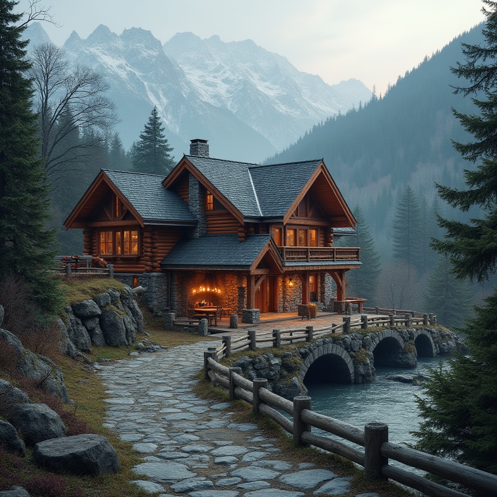 Prompt: Rustic mountain lodge, earthy tones, rich wood accents, stone walls, wooden beams, cozy fireplaces, snowy peaks, evergreen trees, misty atmosphere, soft warm lighting, shallow depth of field, 1/2 composition, panoramic view, realistic textures, ambient occlusion, natural materials, earthy color palette, moss-covered roofs, rugged terrain, winding mountain roads, scenic hiking trails, serene wilderness.