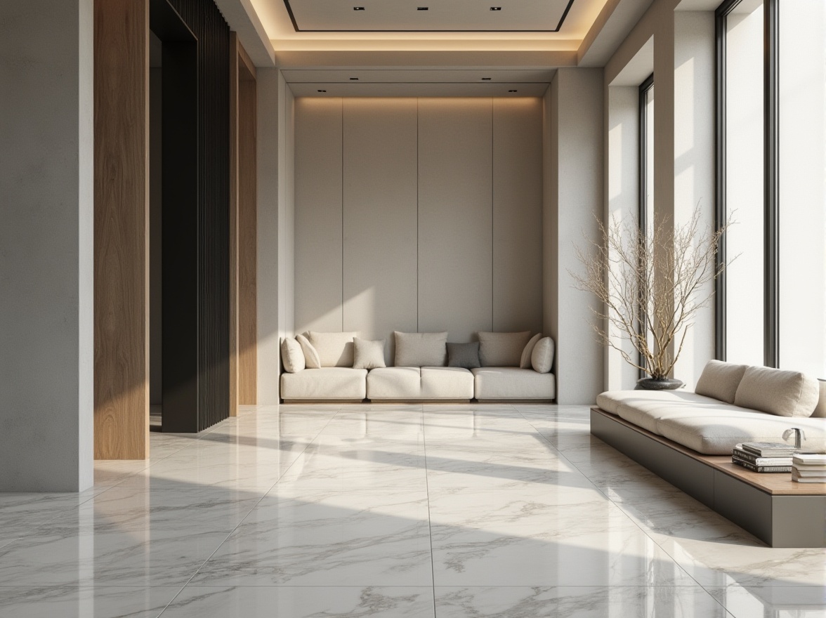 Prompt: Monochromatic minimalist space, sleek concrete walls, polished marble floors, subtle wood grain textures, matte black metal accents, soft beige upholstery, delicate linen fabrics, gentle natural light, warm ambient glow, shallow depth of field, 2/3 composition, symmetrical framing, realistic render, ambient occlusion, soft focus blur.