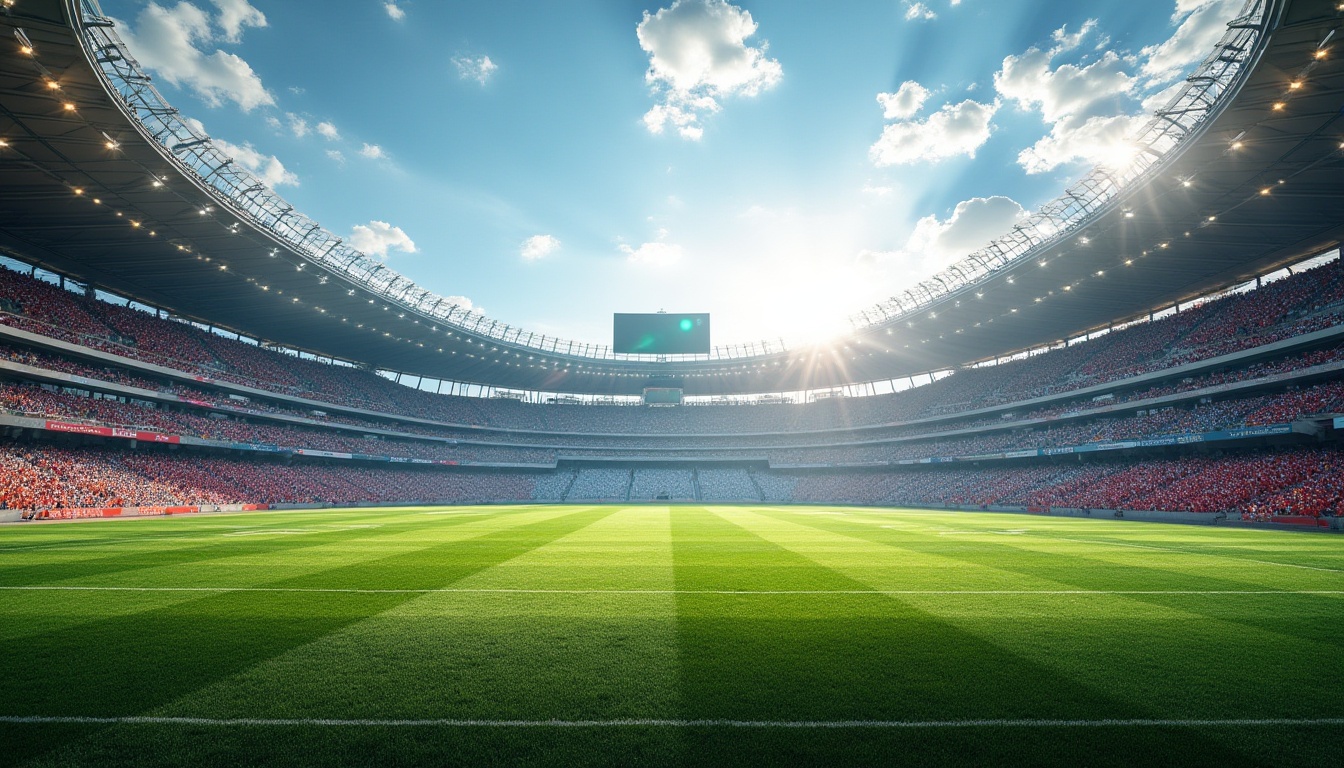 Prompt: Stadium architecture, vast open space, natural lighting, warm sunbeams, fluffy white clouds, blue sky, lush green grass, vibrant colorful seats, modern scoreboard, giant video screens, excitement-filled atmosphere, cheering crowds, dynamic shadows, high contrast ratio, realistic textures, ambient occlusion, shallow depth of field, 3/4 composition, panoramic view.