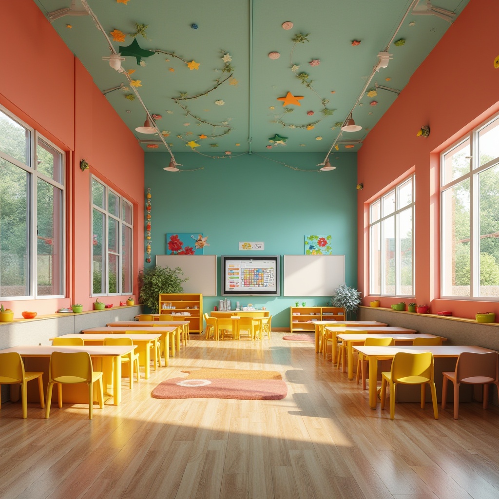 Prompt: Vibrant elementary school interior, bright coral walls, turquoise accents, yellow furniture, greenery installations, natural wood textures, playful patterned rugs, modern educational equipment, interactive whiteboards, collaborative learning spaces, softbox lighting, 1/2 composition, shallow depth of field, realistic renderings, ambient occlusion.