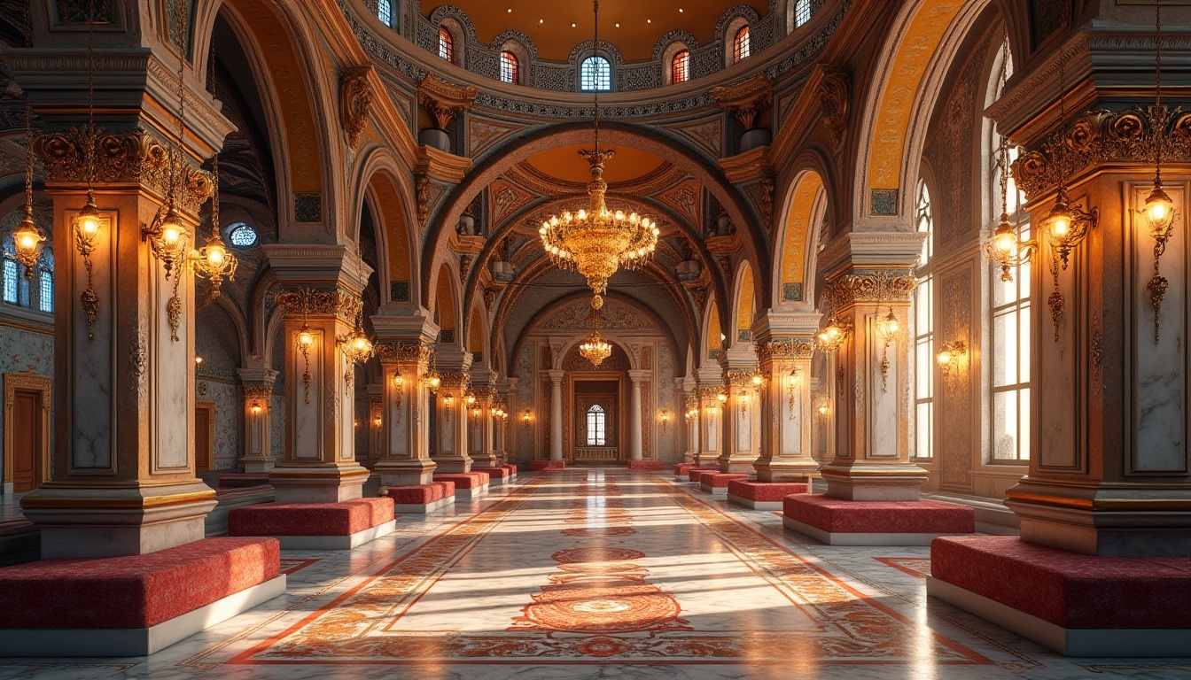 Prompt: Richly ornate Byzantine architecture, warm golden domes, intricate mosaics, lavish frescoes, ornamental patterns, crimson red accents, majestic blue hues, regal purple tones, subtle cream marble, luxurious velvet fabrics, antique bronze details, grandiose chandeliers, soft warm lighting, shallow depth of field, 2/3 composition, symmetrical framing, opulent textures, ambient occlusion.