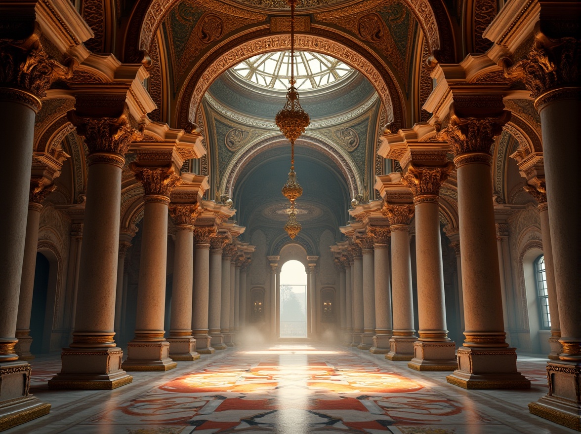 Prompt: Intricate mosaics, golden domes, ornate archways, marble columns, ornamental capitals, vaulted ceilings, grand entrances, ornate doorways, decorative friezes, intricate carvings, gilded accents, rich textiles, luxurious furnishings, dimly lit interiors, warm candlelight, atmospheric smoke effects, 1/2 composition, low-angle shot, dramatic shadows, realistic reflections.