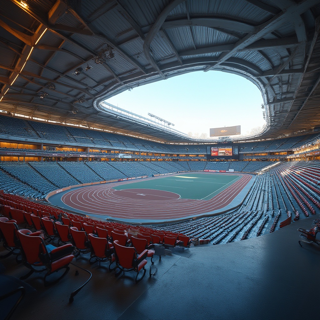 Prompt: Sleek stadium design, polished concrete floors, reflective metal cladding, translucent glass facades, weathered steel structures, vibrant colored seating, ribbed aluminum panels, perforated mesh screens, textured stone walls, dynamic LED lighting, panoramic views, grandstand seats, athletic track surfaces, scoreboard displays, floodlighting systems, evening ambiance, shallow depth of field, 2/3 composition, dramatic archways, modern minimalist aesthetic, industrial materials, rustic wood accents.