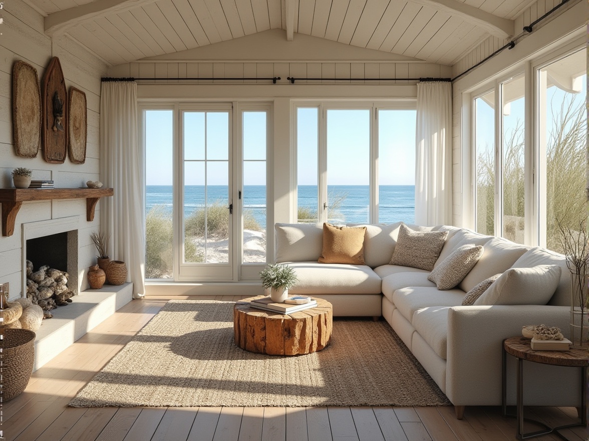 Prompt: Seaside cottage, driftwood accents, ocean-inspired color palette, natural textiles, woven sea grass, coral patterns, shells, pebbles, nautical decor, large windows, sliding glass doors, beachy views, soft warm lighting, cozy reading nooks, plush furnishings, comfortable sectional sofas, reclaimed wood floors, white shiplap ceilings, rustic wooden beams, vintage marine artifacts, refreshing ocean breeze, calming sound of waves, serene ambiance, shallow depth of field, 1/1 composition, natural materials, realistic textures.