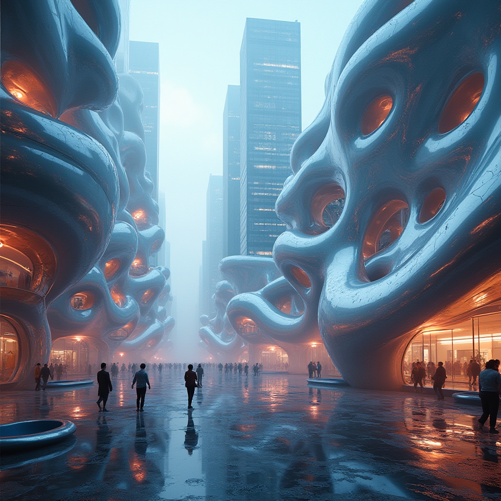 Prompt: Curved blob-shaped buildings, irregular forms, fluidic structures, metallic materials, reflective surfaces, iridescent colors, futuristic ambiance, neon lights, misty atmosphere, shallow depth of field, 3/4 composition, panoramic view, realistic reflections, ambient occlusion, urban landscape, cityscape, busy streets, modern skyscrapers, avant-garde architecture.