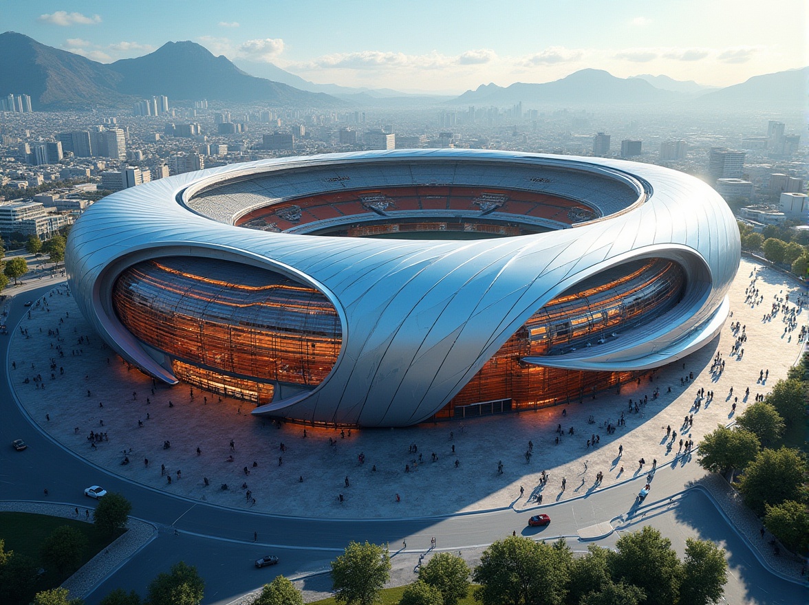 Prompt: Sleek stadium facade, curved lines, dynamic shapes, futuristic architecture, gleaming metal cladding, transparent glass walls, cantilevered roofs, grand entrance gates, vibrant color schemes, geometric patterns, LED lighting systems, modernist design, international style, global cultural influences, urban landscape, bustling cityscape, sunny day, dramatic shadows, high-angle view, 1/2 composition, realistic reflections, ambient occlusion.