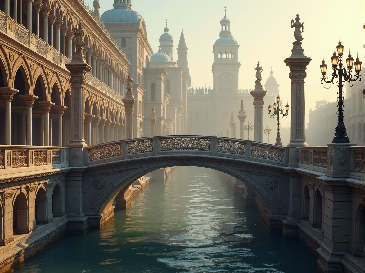 Prompt: Majestic bridge, ornate stone arches, elegant balustrades, grandiose columns, intricate carvings, majestic statues, refined ironwork, rustic stonework, weathered copper accents, serene water reflections, misty morning light, soft warm glow, shallow depth of field, 1/2 composition, symmetrical framing, realistic textures, ambient occlusion.