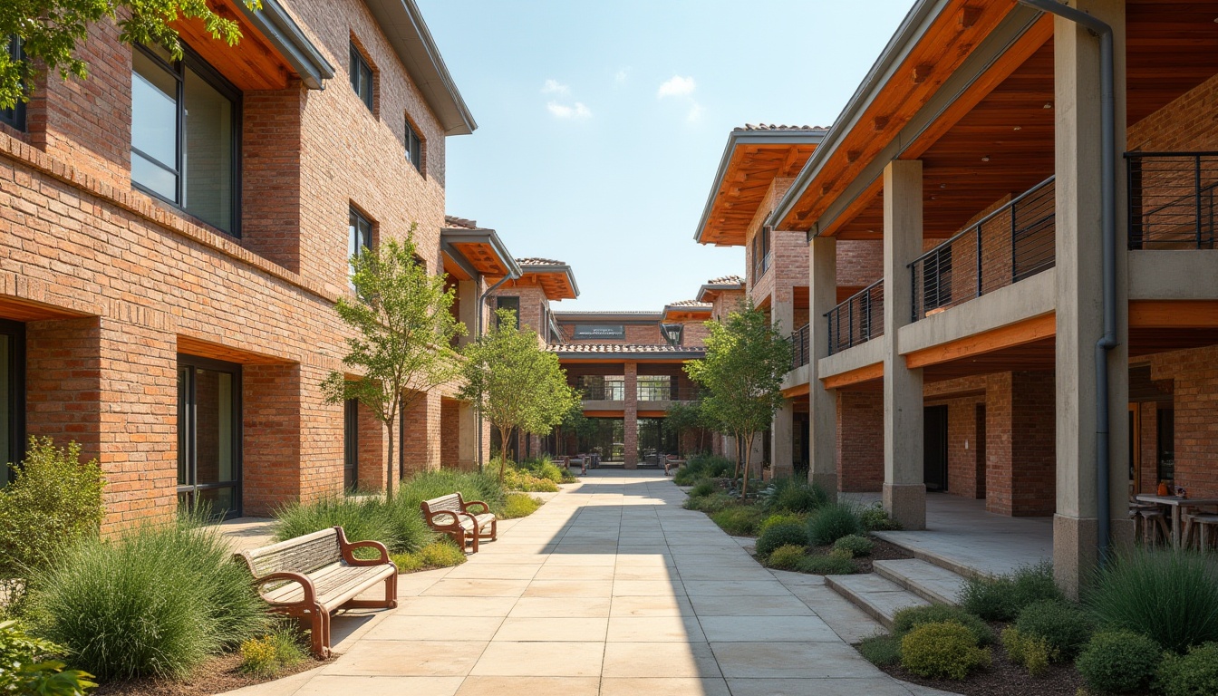 Prompt: Vibrant middle school courtyard, regional red brick facade, natural stonework, wooden accents, earthy tone roof tiles, exposed concrete columns, open-air corridors, abundant greenery, native plant species, educational signage, locally-sourced recycled materials, energy-efficient systems, clerestory windows, soft diffused lighting, 1/1 composition, symmetrical architecture, subtle cultural patterns, warm beige color scheme, inviting outdoor spaces, rustic metal benches.