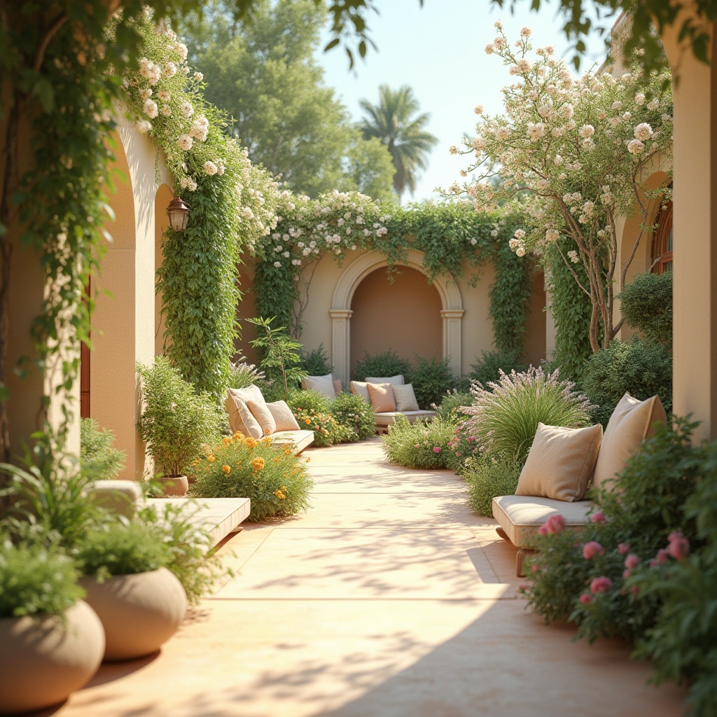 Prompt: Vibrant botanical garden, lush greenery, delicate flowers, pastel-colored walls, warm beige pathways, soft peach accents, creamy white furniture, natural wood textures, gentle water features, serene atmosphere, warm sunny day, shallow depth of field, 1/1 composition, realistic rendering, subtle ambient occlusion.