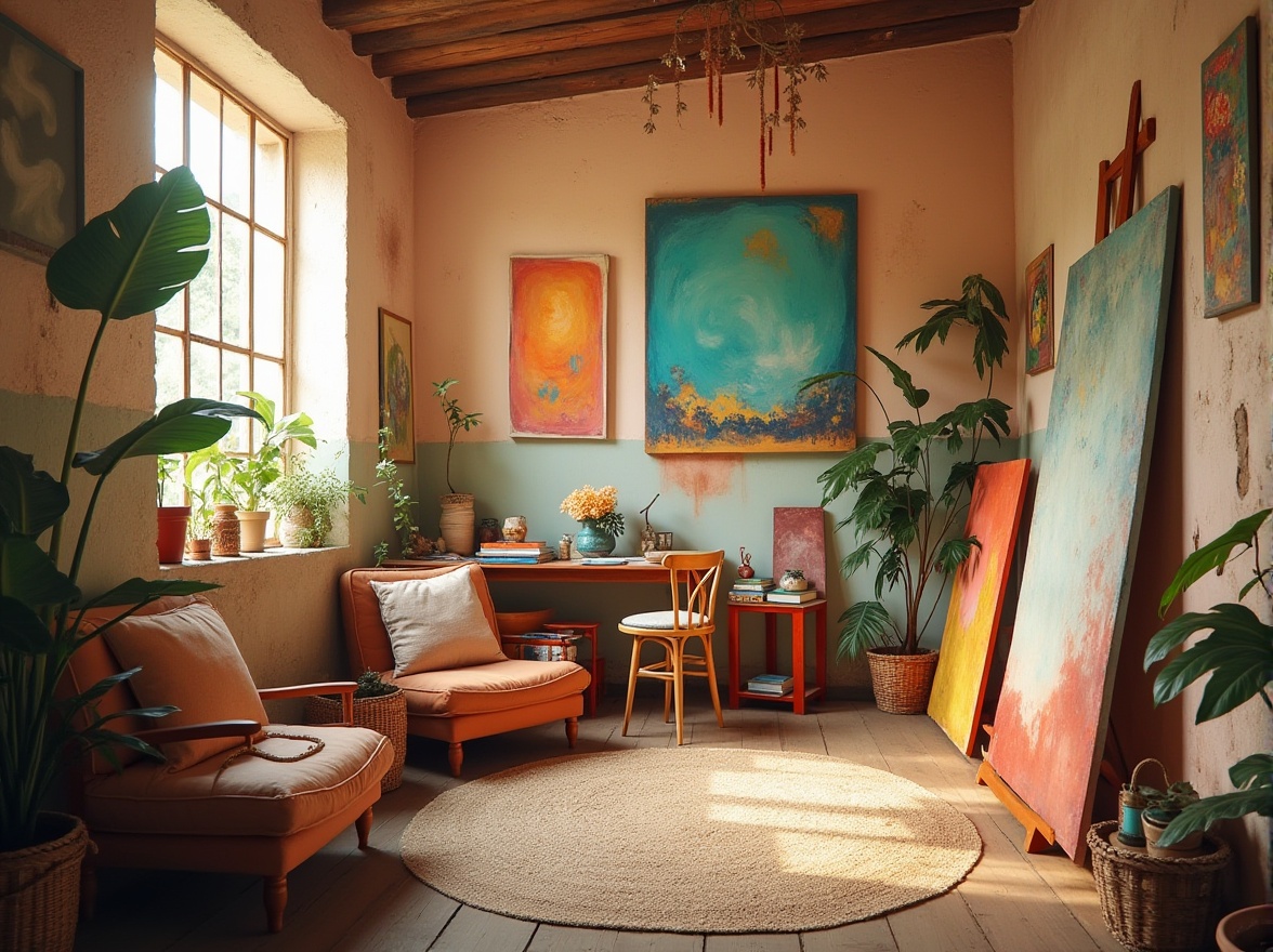 Prompt: Vibrant art studio, eclectic furniture, abstract paintings, pastel color walls, wooden floorboards, natural textiles, bohemian-inspired decor, warm golden lighting, soft focus, 1/2 composition, intimate atmosphere, rich textures, ambient occlusion.Let me know if you need any adjustments or if this meets your requirements!