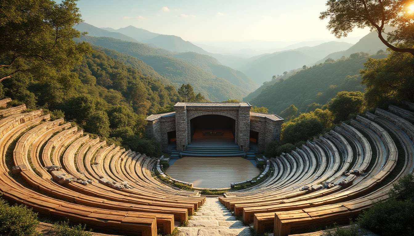 Prompt: Natural amphitheater landscape, rolling hills, lush greenery, tiered seating, wooden benches, stone walls, curved architecture, open-air performance space, warm sunny day, soft gentle breeze, natural acoustic resonance, sound reflection management, speaker system integration, audio signal processing, microphone placement optimization, echo reduction techniques, reverberation time control, audience noise mitigation, sound wave propagation analysis, frequency response adjustment, 3D audio simulation software, realistic sound modeling, ambient occlusion, shallow depth of field, panoramic view.