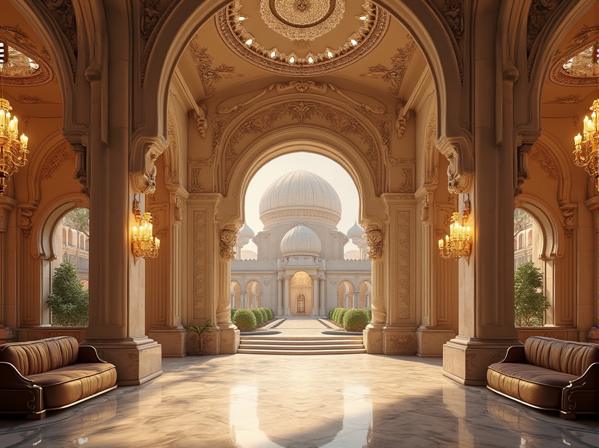 Prompt: Sweeping curves, flowing arches, ornate decorations, grand entranceways, majestic domes, intricate stone carvings, smooth marble surfaces, ornamental metalwork, lavish chandeliers, opulent furnishings, luxurious textures, warm golden lighting, shallow depth of field, 2/3 composition, dramatic shadows, highly detailed renderings, realistic material properties, ambient occlusion.