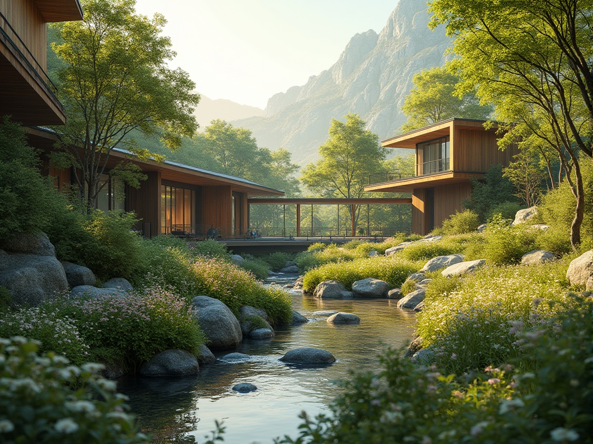 Prompt: Harmonious landscape integration, blending architecture with nature, lush greenery, natural stone walls, wooden accents, earthy tones, organic curves, minimalist design, sustainable materials, eco-friendly infrastructure, water features, serene ponds, flowing streams, majestic trees, blooming flowers, vibrant wildflowers, sunny day, soft warm lighting, shallow depth of field, 3/4 composition, panoramic view, realistic textures, ambient occlusion.