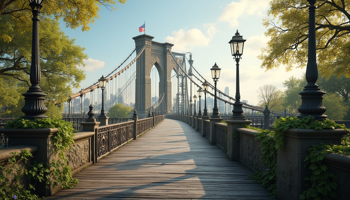 Prompt: Elegant suspension bridge, intricate cable details, rustic stone piers, wooden decking, ornate metal railings, classic lampposts, vibrant ivy-covered abutments, serene riverbank surroundings, lush greenery, sunny afternoon, soft warm lighting, shallow depth of field, 3/4 composition, panoramic view, realistic textures, ambient occlusion.