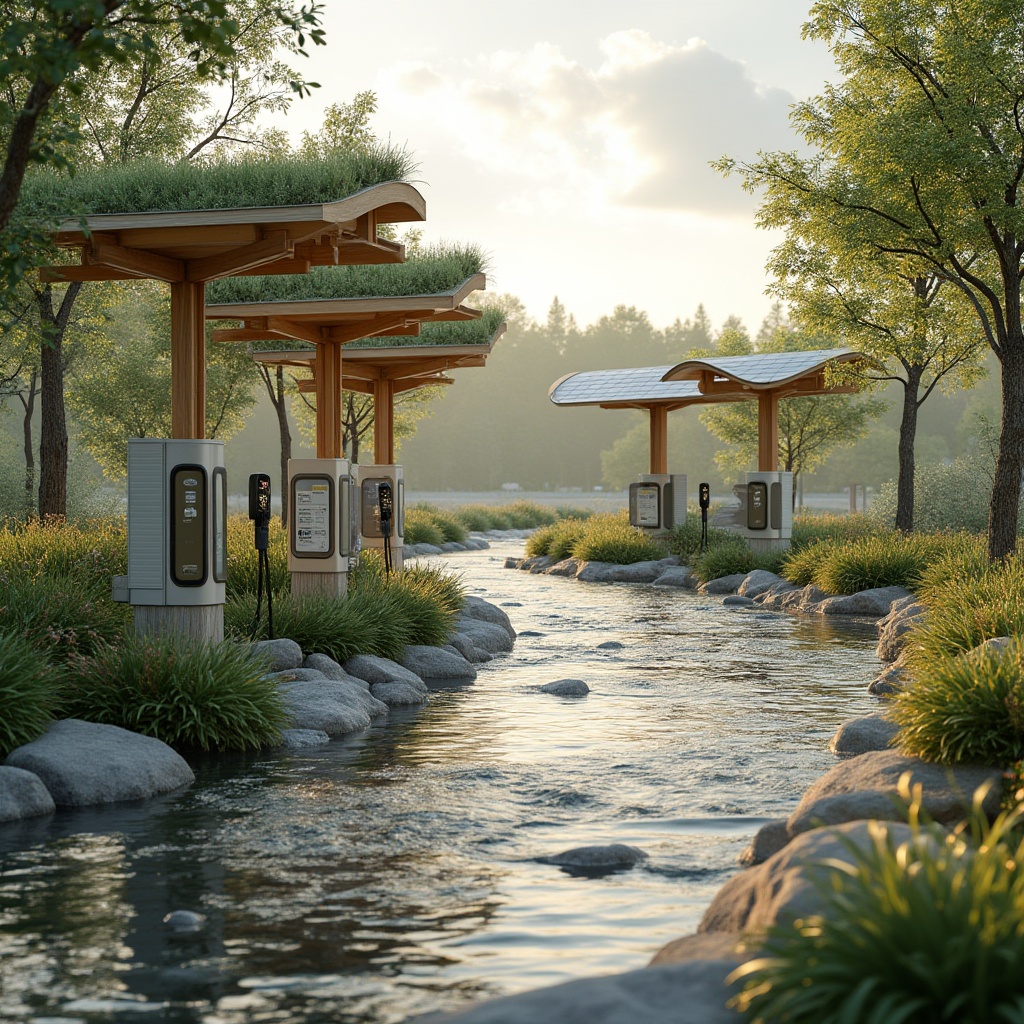 Prompt: Riverbank charging stations, eco-friendly infrastructure, solar panel canopies, green roofs, native plant species, natural stone paving, wooden decks, scenic river views, serene atmosphere, soft warm lighting, shallow depth of field, 3/4 composition, panoramic view, realistic textures, ambient occlusion, meandering walkways, public art installations, educational signage, water feature integration, sustainable materials, modern architecture, minimalist design.