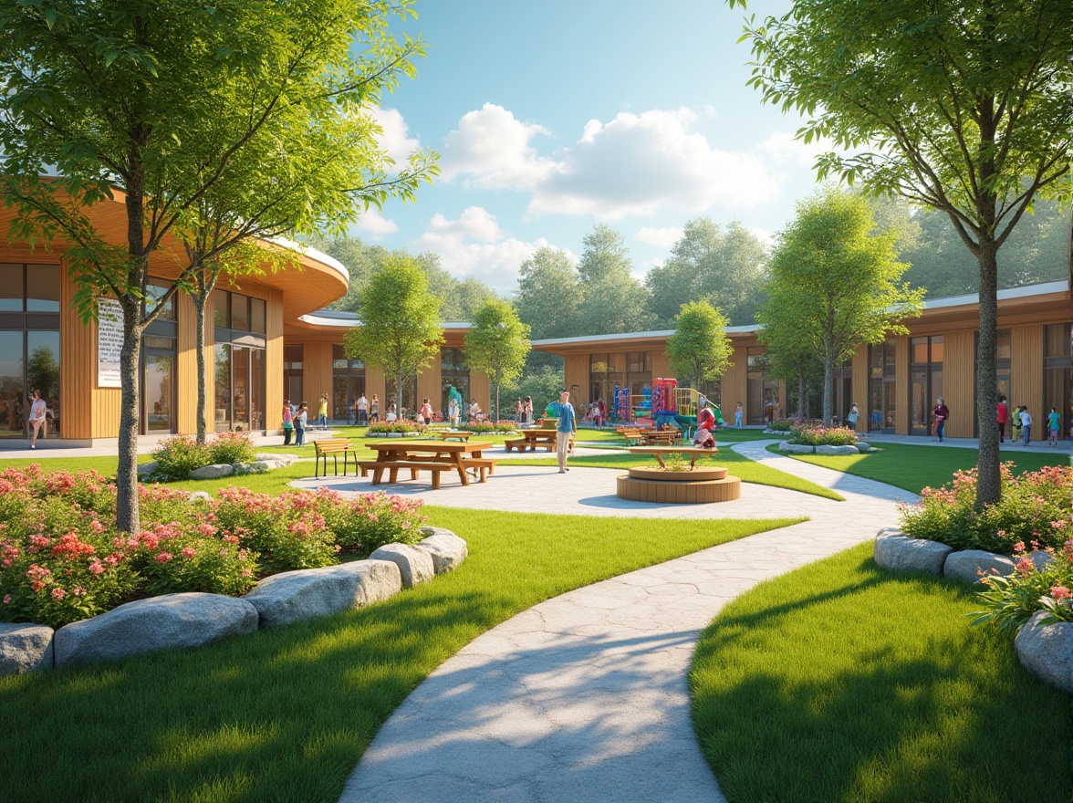 Prompt: Vibrant youth center, lush greenery, colorful playground equipment, winding walking paths, interactive outdoor installations, educational signage, natural stone seating areas, wooden picnic tables, modern architecture, large windows, glass doors, blooming flowers, sunny day, soft warm lighting, shallow depth of field, 3/4 composition, panoramic view, realistic textures, ambient occlusion.