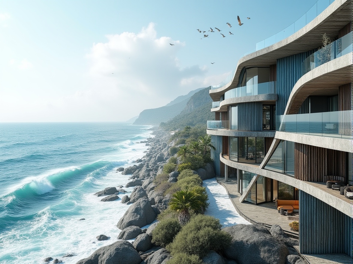 Prompt: Wave-crashing coastline, salty sea air, beachside promenade, modern coastal architecture, curvaceous balconies, transparent glass railings, ocean-blue exterior walls, weathered wooden accents, corrugated metal cladding, dynamic wave-inspired patterns, eco-friendly materials, sustainable energy harvesting systems, wind-resistant design, reinforced concrete foundations, large cantilevered roofs, dramatic overhangs, minimalist interior spaces, soft natural lighting, 1/1 composition, shallow depth of field, realistic ocean textures, ambient occlusion.