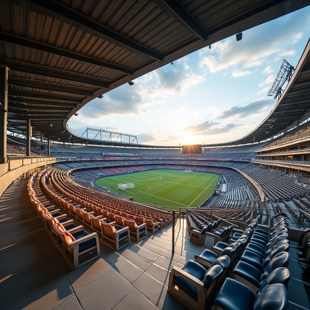 Prompt: \Modern stadium architecture, sleek metal exteriors, polished concrete floors, rustic wood accents, vibrant team color schemes, premium leather seating, durable plastic railings, textured rubber flooring, glossy acrylic signage, dynamic LED lighting, transparent glass roofs, cantilevered steel beams, industrial-style exposed ductwork, urban cityscape views, afternoon sunlight, dramatic shadowing, shallow depth of field, 2/3 composition, realistic reflections, ambient occlusion.\