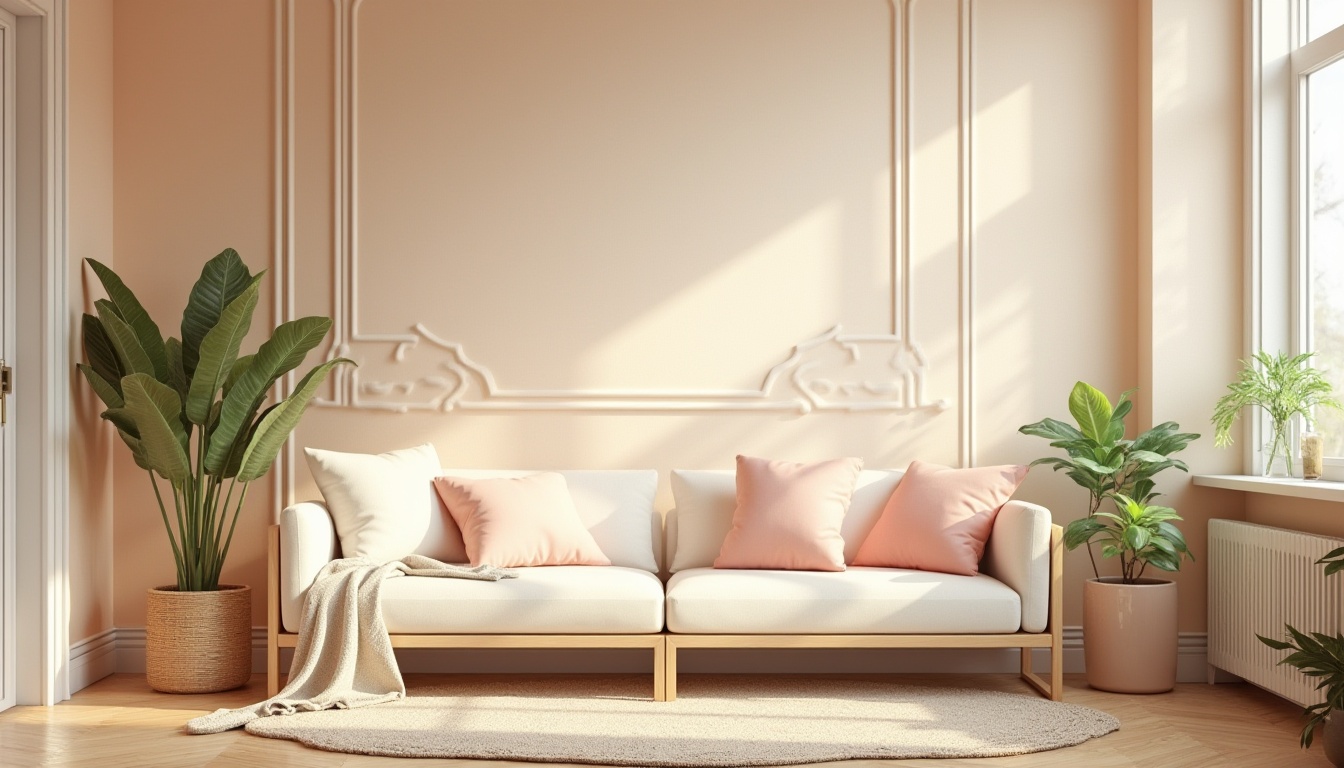 Prompt: Soft peach walls, creamy white trim, warm beige floors, rich walnut furniture, pastel pink accents, calming mint greenery, natural linen textiles, subtle gold metallic details, ambient softbox lighting, shallow depth of field, 1/1 composition, realistic material textures, warm sunny day, gentle cloud formations.