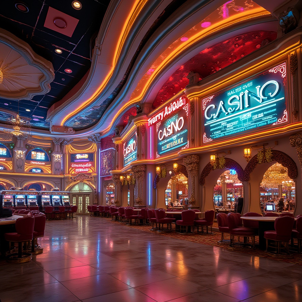 Prompt: Vibrant casino facade, dynamic LED lighting, futuristic curves, iridescent glass panels, metallic accents, neon signs, bold typography, ornate details, lavish decorations, grand entranceways, sweeping arches, opulent chandeliers, luxurious materials, high-stakes ambiance, dramatic shadows, warm golden lighting, shallow depth of field, 1/2 composition, cinematic view, realistic reflections, ambient occlusion.Let me know if this meets your requirements!