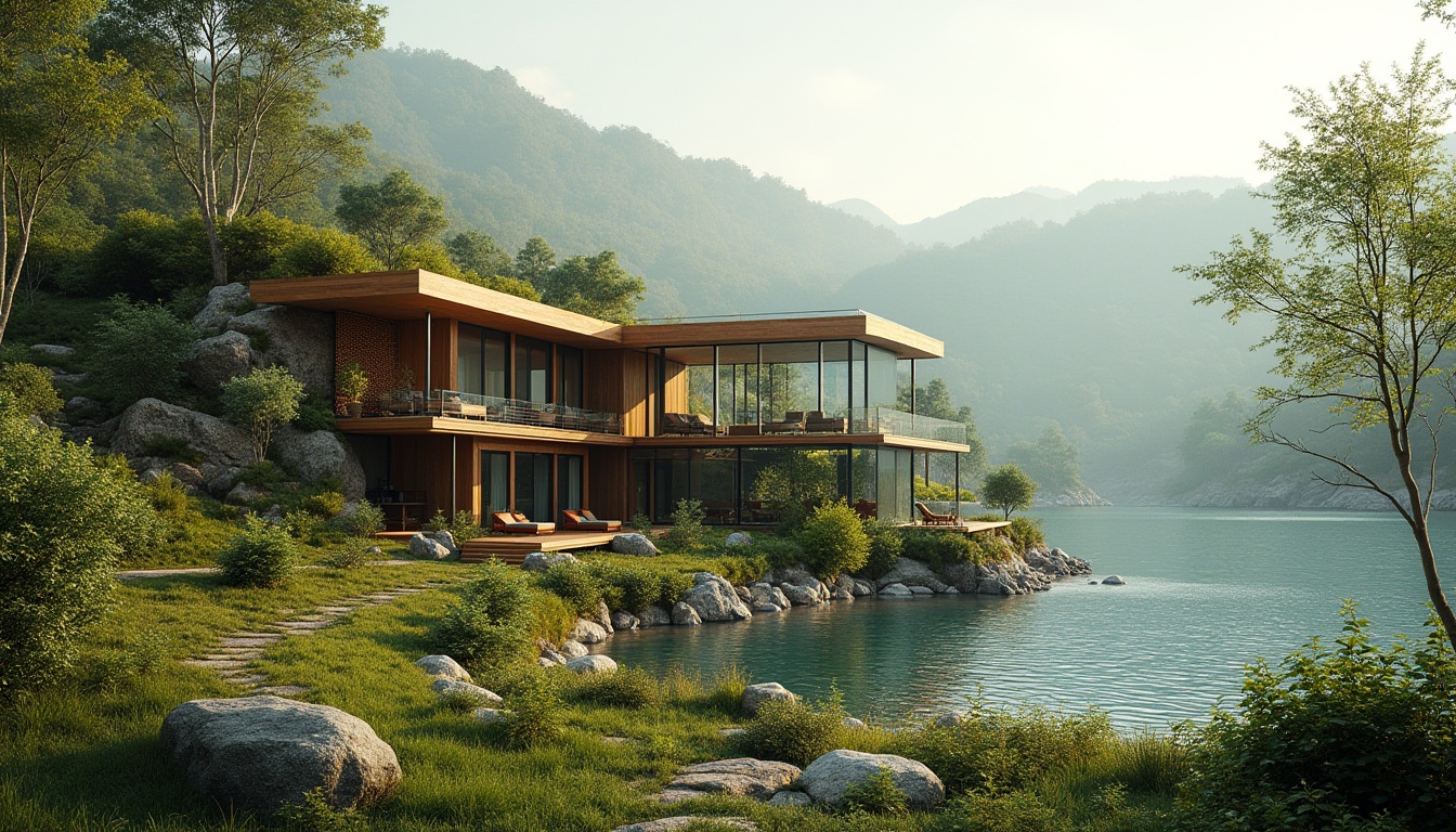 Prompt: Seamless landscape integration, blending architecture with nature, rolling hills, lush greenery, serene lakeside, wooden decks, natural stone walls, cantilevered roofs, floor-to-ceiling windows, sliding glass doors, organic shapes, earthy tones, sustainable materials, eco-friendly design, minimal environmental impact, panoramic views, realistic textures, ambient occlusion, warm soft lighting, shallow depth of field, 3/4 composition.