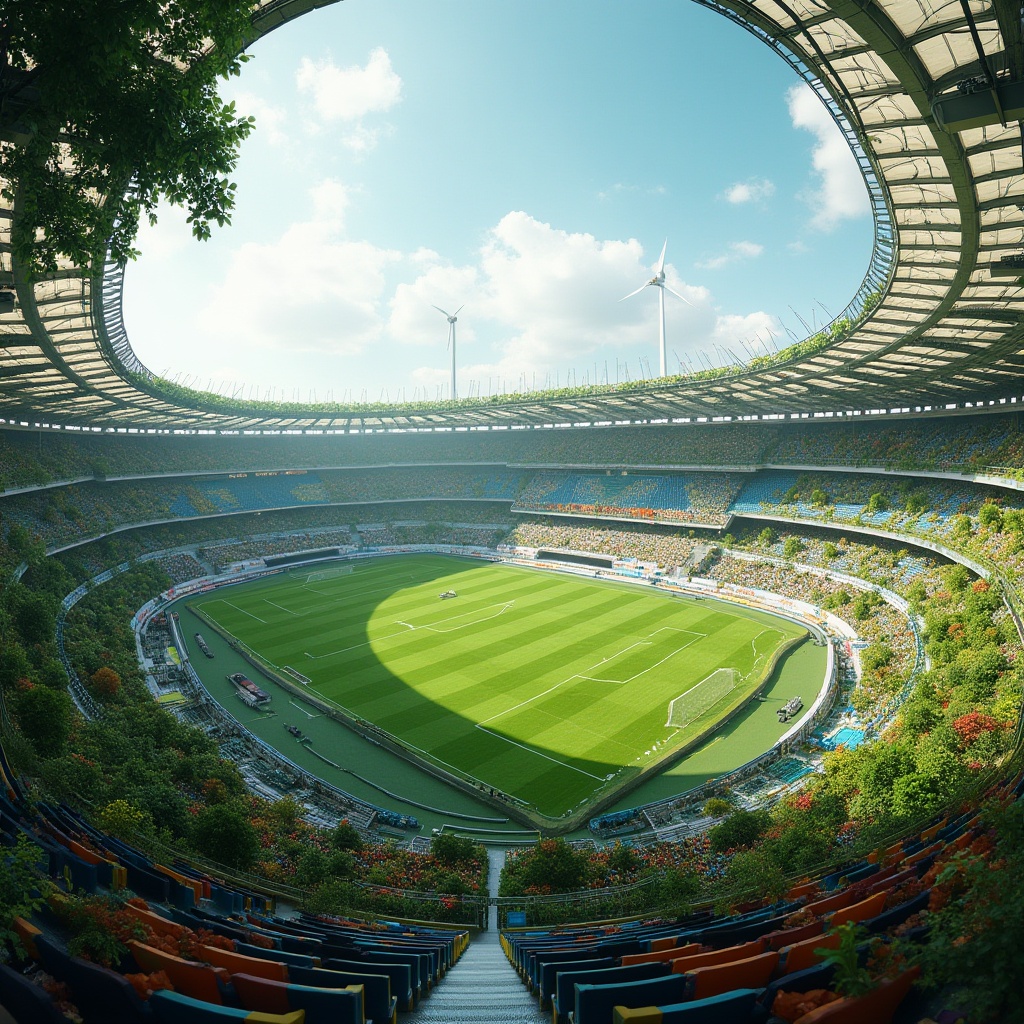 Prompt: Eco-friendly stadium design, lush green roofs, solar panels, wind turbines, rainwater harvesting systems, recycled materials, natural ventilation, large windows, minimal carbon footprint, modern curvaceous architecture, transparent fa\u00e7ades, cantilevered structures, vibrant colorful seats, dynamic LED lighting, shallow depth of field, 3/4 composition, panoramic view, realistic textures, ambient occlusion.