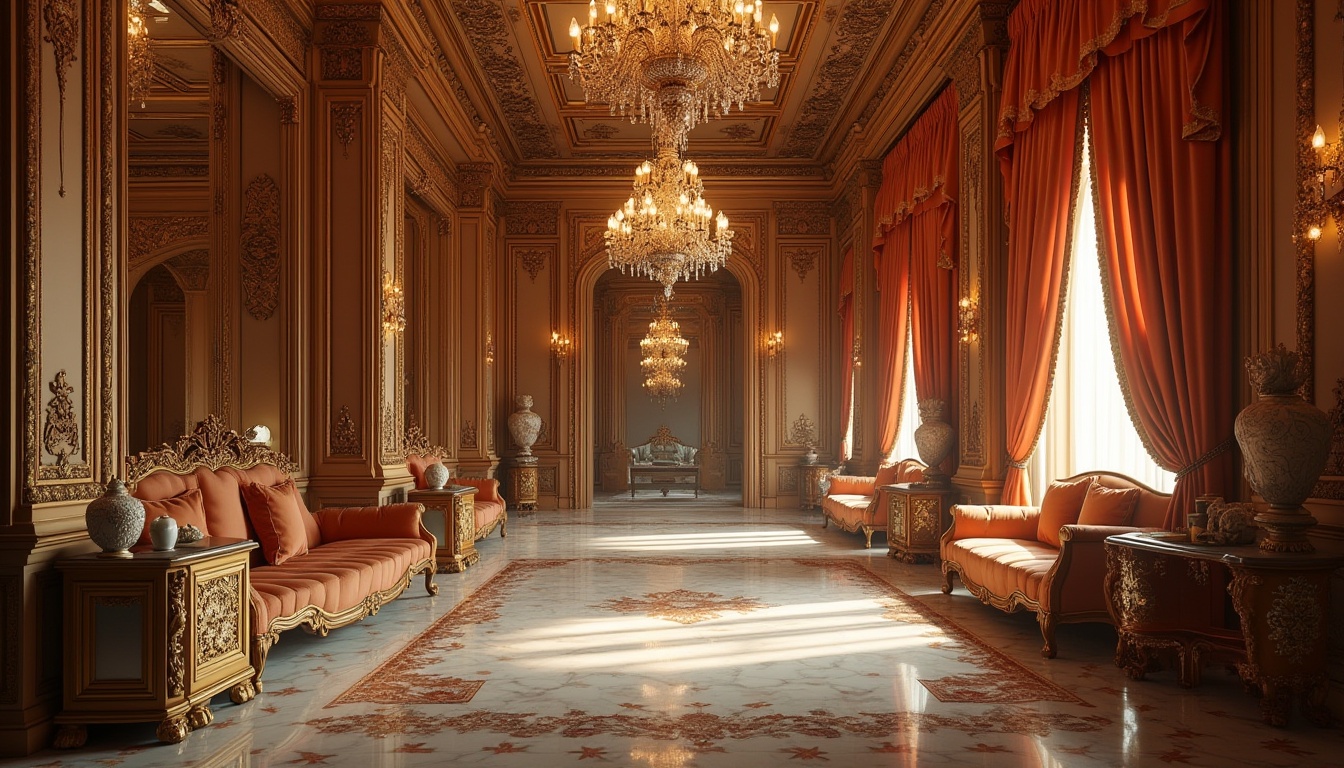 Prompt: Grandiose chandeliers, ornate mirrors, lavish furnishings, intricately carved wooden panels, velvet drapes, gilded frames, luxurious fabrics, ornamental ceilings, marble floors, crystal vases, statuesque decor, symmetrical composition, dramatic lighting, warm golden tones, rich textures, opulent atmosphere, 1/1 perspective, low-angle shot, subtle depth of field.