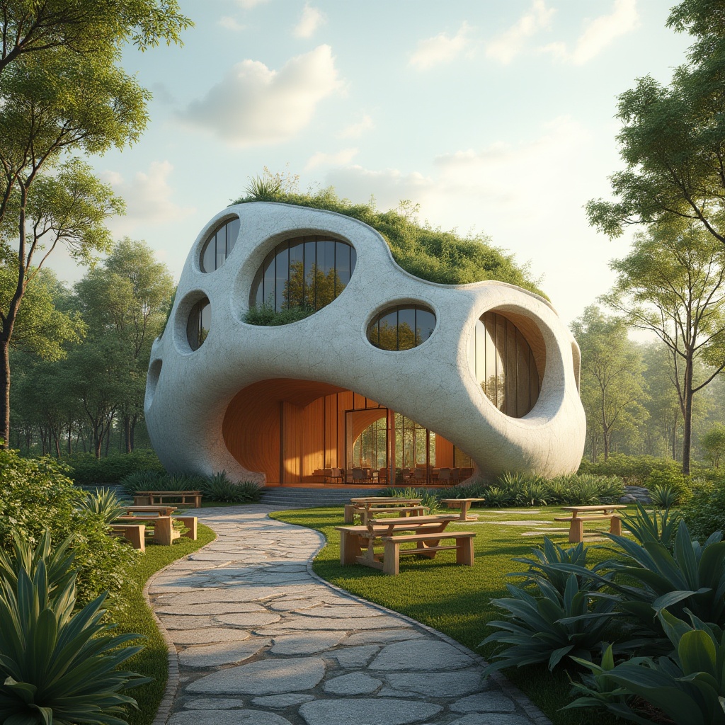 Prompt: Organic blob-shaped church, green roof, solar panels, natural stone exterior, stained glass windows, minimalist interior, recycled wood pews, living walls, botanical gardens, serene ambiance, soft warm lighting, shallow depth of field, 3/4 composition, panoramic view, realistic textures, ambient occlusion.