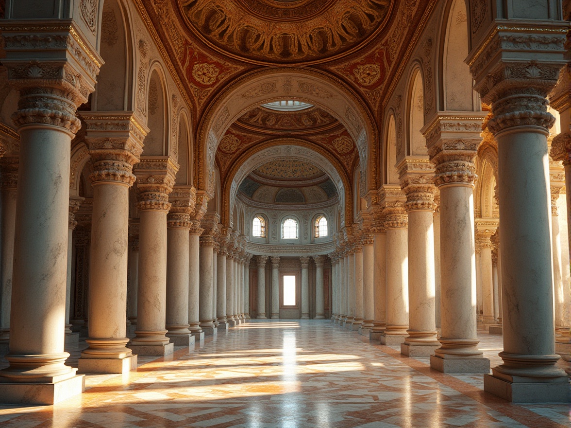 Prompt: Intricate stone carvings, ornate arches, grand domes, luxurious marble floors, gilded accents, vibrant mosaics, intricate frescoes, ornamental columns, Byzantine-inspired patterns, richly textured fabrics, warm golden lighting, soft atmospheric effects, 1/1 composition, shallow depth of field, realistic stone textures, ambient occlusion.