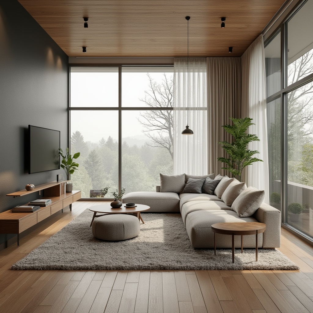 Prompt: Modern living room, sleek furniture, minimalist decor, spacious floor plan, functional zones, cozy reading nook, comfortable seating area, large windows, natural light, soft warm ambiance, 1/1 composition, shallow depth of field, realistic textures, ambient occlusion, wooden floors, plush carpets, elegant curtains, subtle color palette.