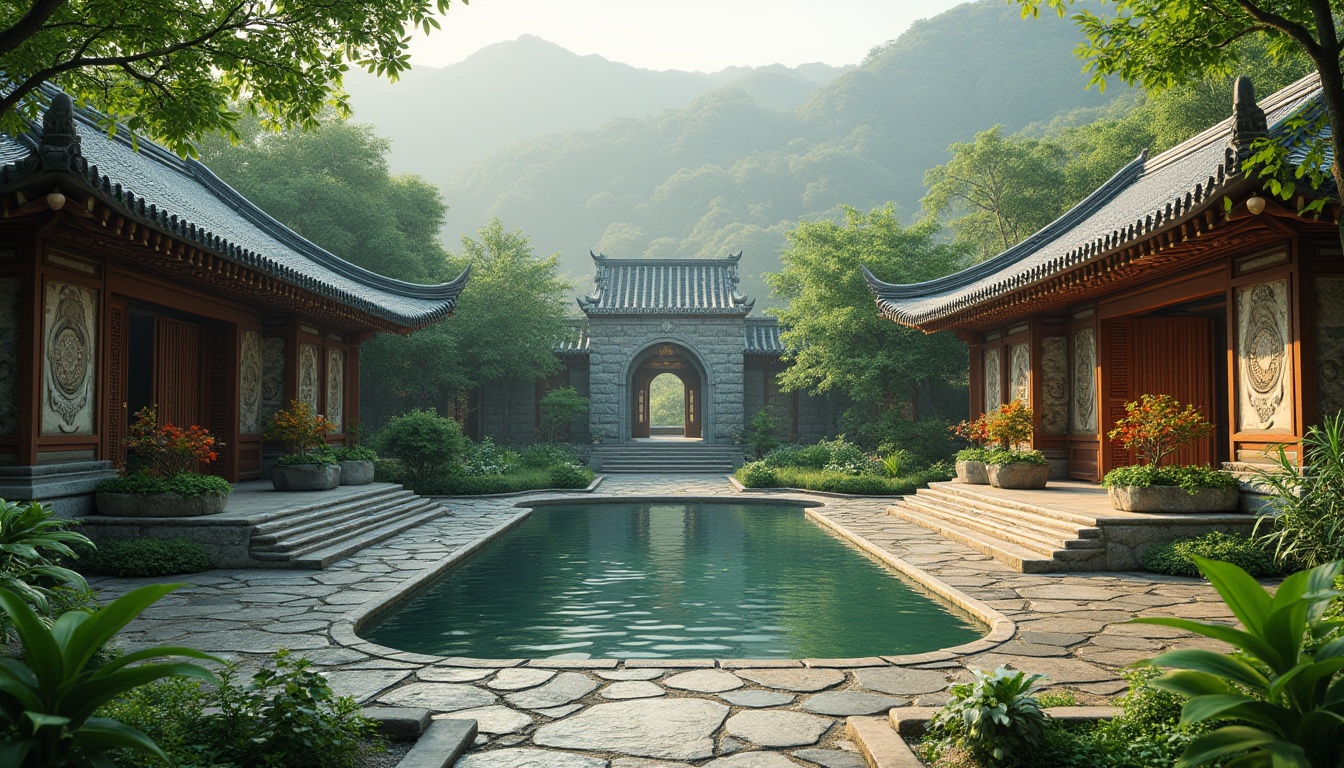 Prompt: \Sacred temple, lush green courtyard, tranquil water features, intricately carved stone walls, ornate wooden doors, vibrant flower arrangements, serene natural surroundings, rolling hills, misty mountains, soft warm lighting, shallow depth of field, 3/4 composition, panoramic view, realistic textures, ambient occlusion, peaceful atmosphere, spiritual energy, harmony with nature.\