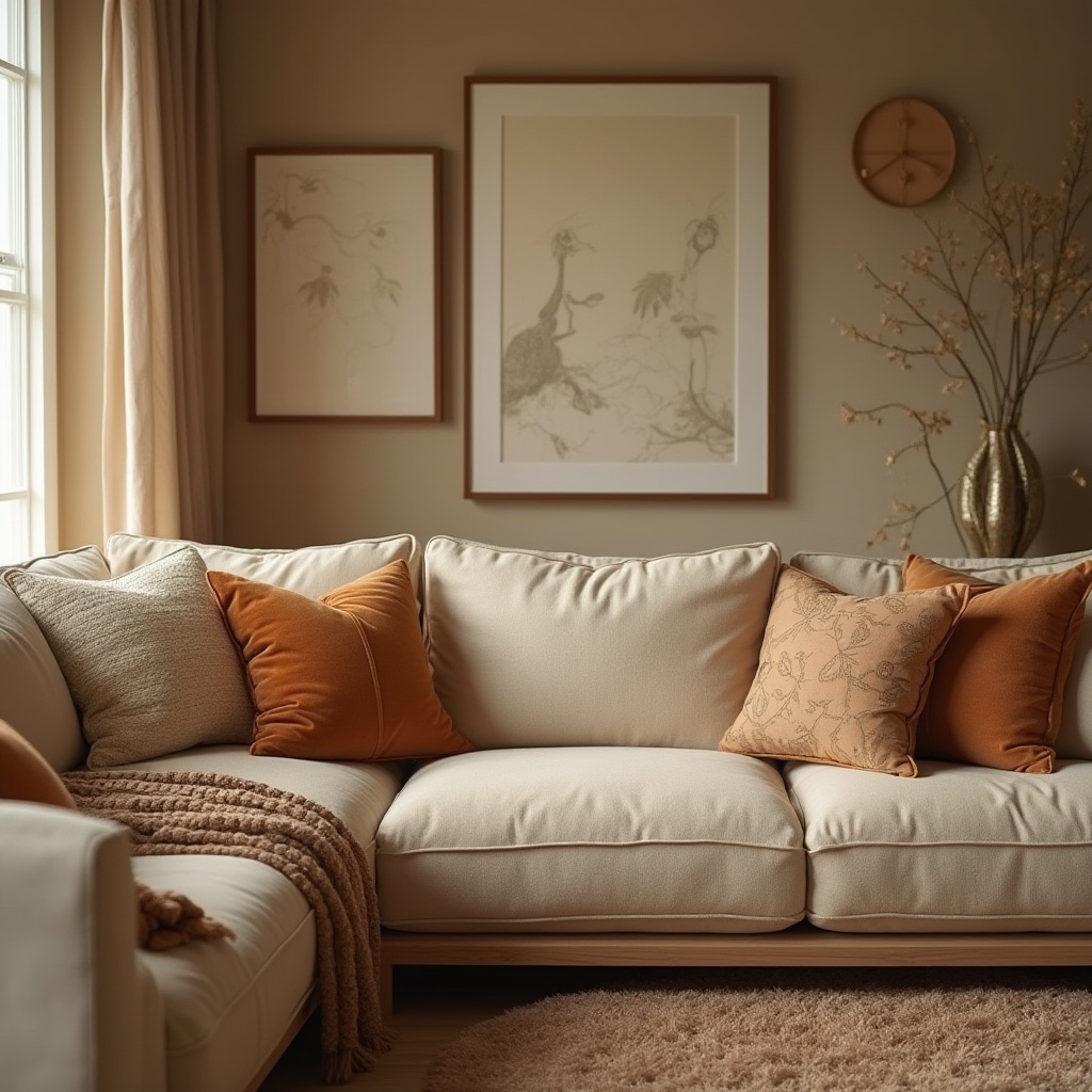 Prompt: Cozy living room, plush furniture, soft cushions, vibrant throw pillows, natural fabrics, woven fibers, earthy tones, warm beige colors, subtle patterns, luxurious velvet, smooth leather, matte finishes, ambient lighting, 1/1 composition, shallow depth of field, realistic textures.